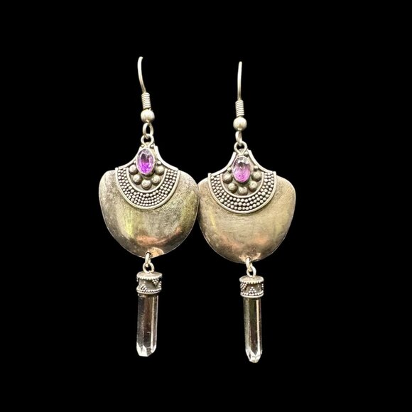 Hand Crafted Jewelry - Vintage Sterling 925 Silver & Amethyst Dangle Earrings With Quartz Accents
